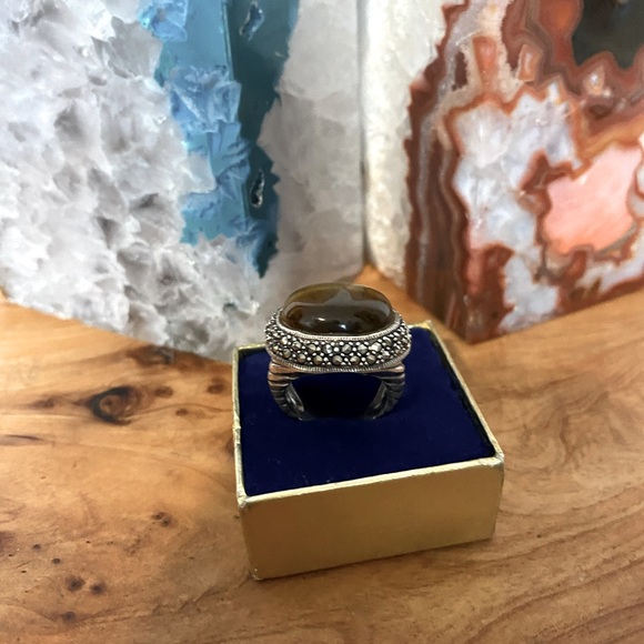 Vintage Tigers eye and Marcasite Ring Sterling Silver - Picture 4 of 7